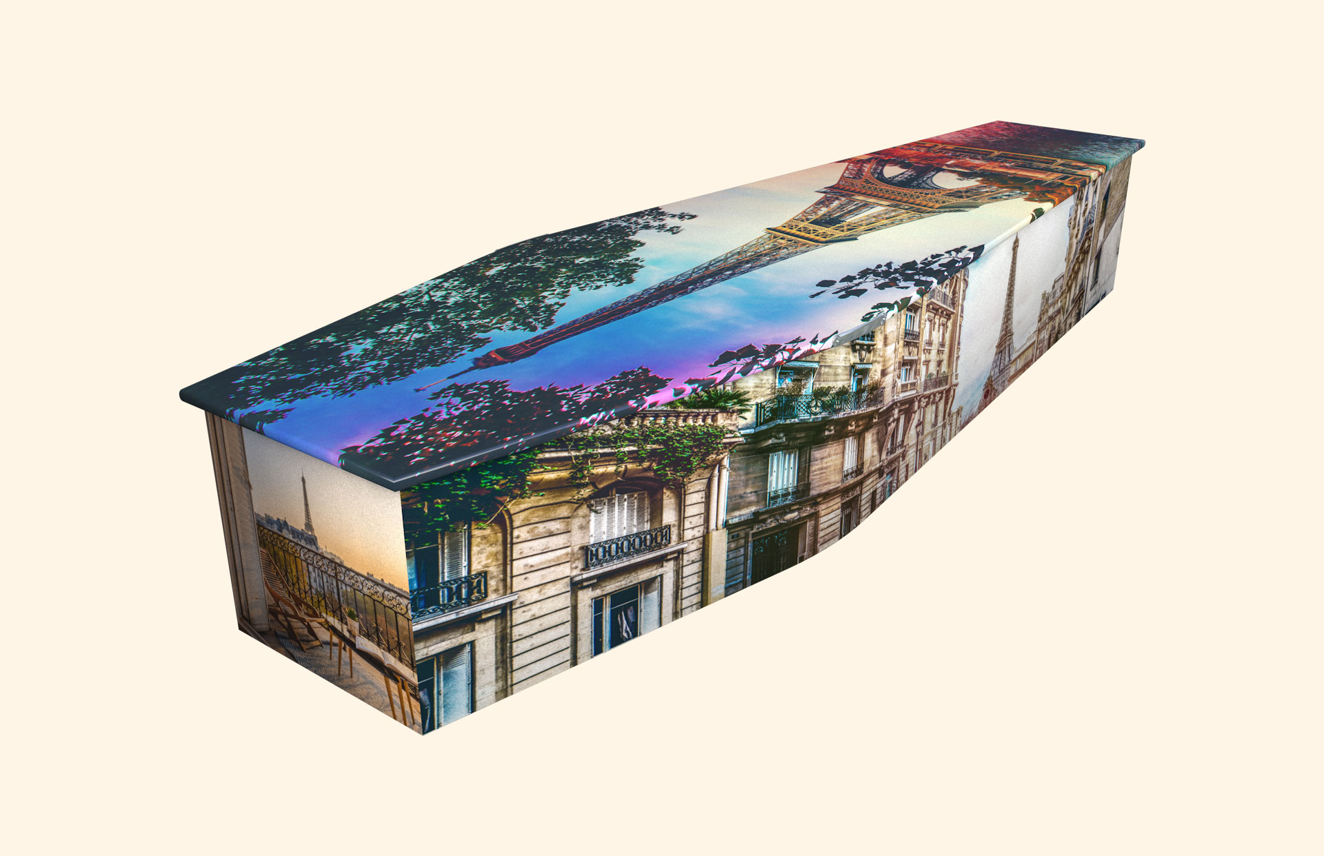 Eiffel Tower design on a traditional coffin